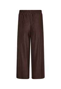 Brown pleated trousers with an elastic waistband, featuring a mid-calf length and smooth texture. No pockets or visible hardware accents.