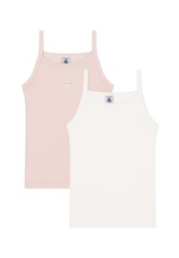 Δύο βαμβακερές φανέλες χωρίς μανίκια: η μία ροζ με λευκές ρίγες και η άλλη μονόχρωμη λευκή. Και οι δύο έχουν λεπτές τιράντες και στρογγυλή λαιμόκοψη.