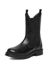 Czarny skórzany botek za kostkę z elastycznymi panelami po bokach, pętelkami do zakładania, przeszywaną podeszwą oraz logo na gładkiej cholewce.