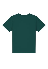 T-shirt, effen donker teal, ronde hals, korte mouwen, zachte katoenen stof, eenvoudig ontwerp, geen patronen of accenten, vanachter getoond.