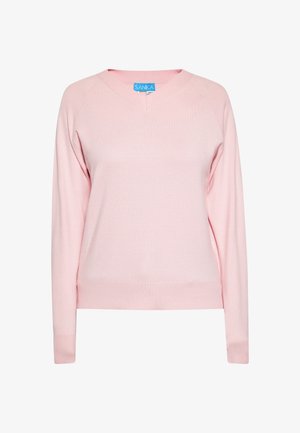 Różowy sweter z długim rękawem i dekoltem w kształcie V, wykonany z miękkiego materiału. Posiada rękawy raglanowe oraz ściągacze na dole i przy mankietach. Metka marki widoczna wewnątrz.