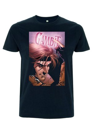 Sort bomulds T-shirt med et frontgrafik af en karakter med brunt hår, iført en brun frakke, og ordet "GAMBIT" i pink bogstaver.