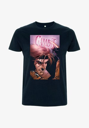Sort bomulds T-shirt med et frontgrafik af en karakter med brunt hår, iført en brun frakke, og ordet "GAMBIT" i pink bogstaver.