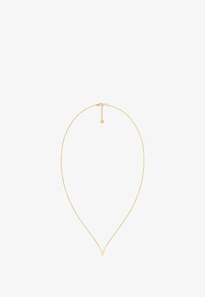 Zlatý náhrdelník s jemným reťazcom a pendantom v tvare V. Reťazec obsahuje nastaviteľnú sponu pre prispôsobenie dĺžky.