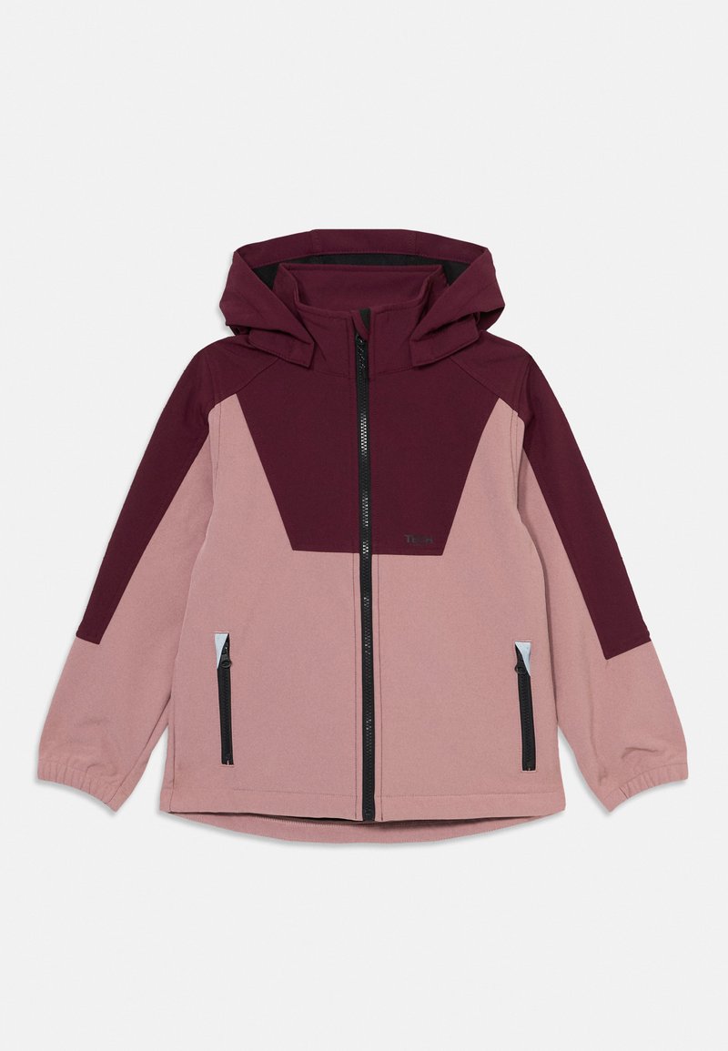 Kapuzenshirt mit Blockdesign in Bordeauxrot und Blush. Verfügt über einen zentralen Reißverschluss, zwei Reißverschlusstaschen und elastische Bündchen. Glatte Stofftextur.