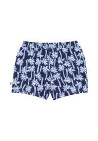Tamsiai mėlynos maudymosi šortai su elastine juosta, puošti baltais palmėmis ir dryžiais, pagaminti iš lengvos medžiagos.