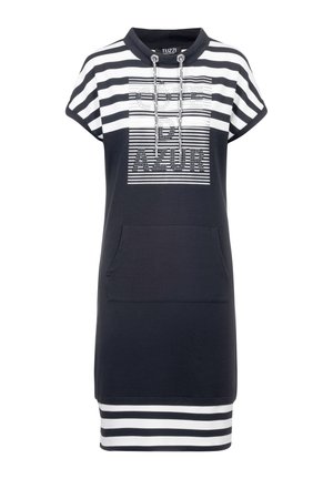 Marineblauw-wit gestreepte jurk met korte mouwen, een kraag met trekkoord, een voorzak in kangoeroestijl en de tekst "COTE D'AZUR" op de borst.