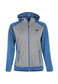 Blå och grå dragkedje-hoodie med strukturerad yta, huva, två sidofickor och kontrasterande blå ärmar. Har en liten logotyp på bröstet.