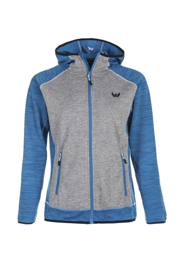 Blå och grå dragkedje-hoodie med strukturerad yta, huva, två sidofickor och kontrasterande blå ärmar. Har en liten logotyp på bröstet.