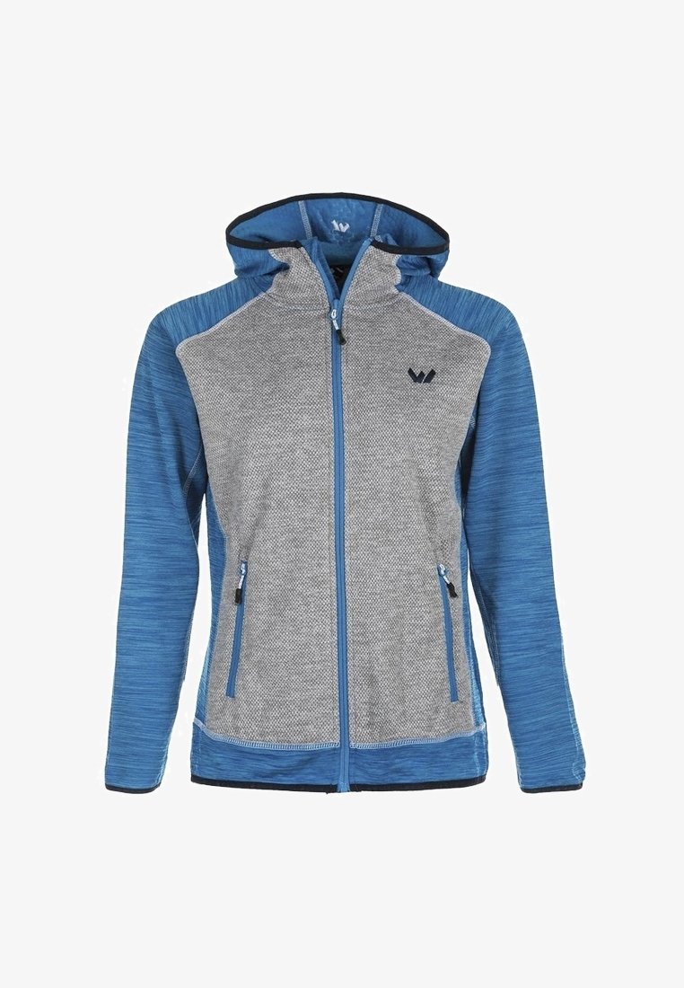 Blå och grå dragkedje-hoodie med strukturerad yta, huva, två sidofickor och kontrasterande blå ärmar. Har en liten logotyp på bröstet.