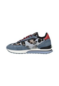 Blue suede sneakers featuring a leopard print design, red accents, black laces, and a white midsole with a textured rubber outsole.