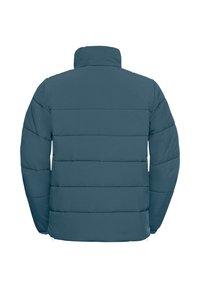 Giacca a vento con colletto alto; realizzata in tessuto verde scuro; presenta sezioni orizzontali trapuntate e un orlo regolabile.