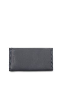 Rechthoekige leren portemonnee in donkergrijs. Gladde textuur met contrasterende stiksels langs de randen. Compact ontwerp, zonder zichtbare hardware of versieringen.