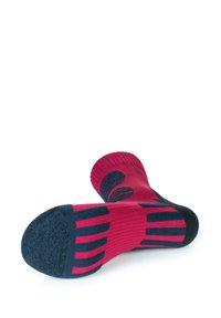 Calzini multicolori in rosa e blu navy, con design a righe sulle punte e una texture liscia. Tessuto lavorato a maglia con suole rinforzate.