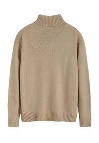 Pull en tricot beige avec un col montant, des poignets côtelés et une coupe décontractée. Tissu texturé avec une finition lisse, sans motifs ni éléments métalliques visibles.