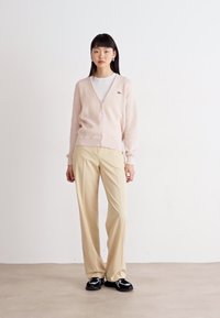 Cardigã rosa claro com botões, combinado com uma camisa branca e calças bege. Modelo usa sapatos pretos com detalhes azuis. Design simples e moderno.