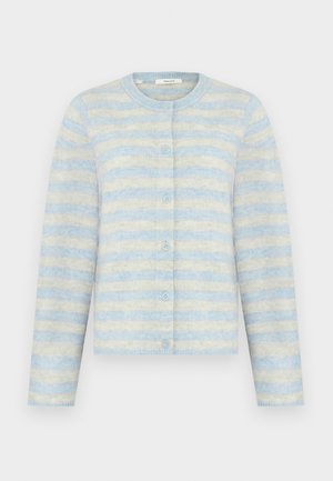 Light blue and cream horizontal striped long-sleeve cardigan with round neck and front button closure.
