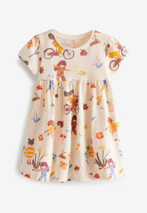 Korte mouwen jurk in lichtcrème, met een kleurrijke print van kinderen, fietsen en planten. A-lijn rok ontwerp, zachte stoftextuur.