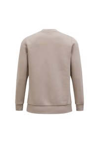Licht beige sweatshirt met een ronde hals, lange mouwen, gestructureerde stof en ribgebreide manchetten en onderrand. Eenvoudig, onopgesmukt achteraanzicht.