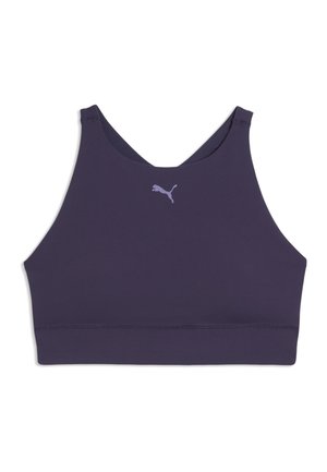 Brassière de sport violet foncé avec un col montant et fines bretelles, avec un petit logo Puma centré sur la poitrine.