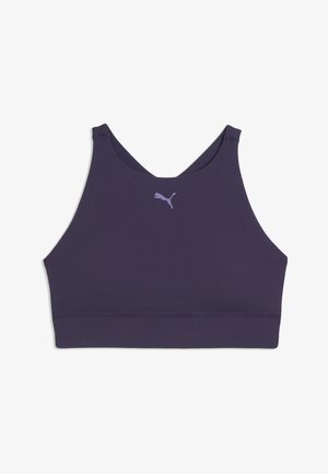 Brassière de sport violet foncé avec un col montant et fines bretelles, avec un petit logo Puma centré sur la poitrine.