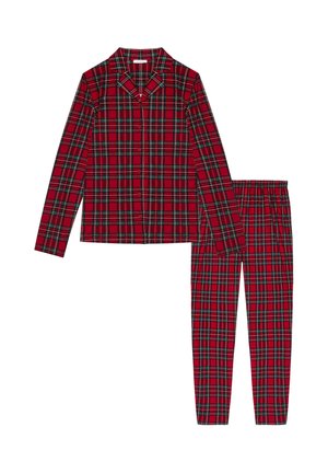 Pigiama a quadri rossi con camicia a maniche lunghe e bottoni e pantaloni con vita elastica. Presenta linee verdi e nere in un motivo a scacchi.