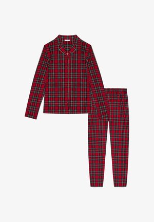 Rødternet pyjamas sæt med langærmet skjorte med knapper og bukser med elastisk talje. Har grønne og sorte linjer i et ternet mønster.