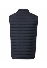Padded navy vest with a high collar and horizontal quilted design. Features a smooth texture and no sleeves. Ideal for layering.