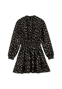 Crna haljina s dugim rukavima, elastičnom strukom, slojevitom suknjom, sa srebrnim i bijelim točkicama po cijeloj površini. Mekani, lagani materijal.