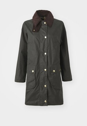Black waterproof jacket with a brown corduroy collar, gold snap buttons, two front pockets, and a knee-length design.