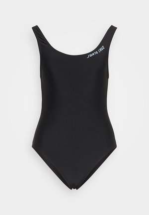 Black swimwear with a sleek scoop neckline and narrow straps. Features a small white "Santa Cruz" logo on the upper left side. Smooth texture.