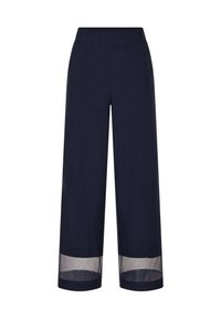 Navy brede broek met een elastische tailleband en transparante mesh details aan de onderrand. Gemaakt van zachte, flexibele stof voor comfort.