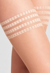 Nackte Strumpfhalter mit strukturierten horizontalen Streifen und einem Spitzenband an der Oberseite, das einen sanften Glanz und eine glatte Oberfläche aufweist.