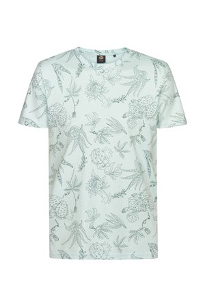 Lyseblå kortærmet t-shirt med botanisk design i mørkegrøn. Blødt bomuldsmateriale med rund hals og lige kant.