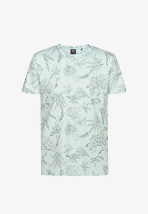 Tricou bleu deschis cu mâneci scurte, având un design botanic în verde închis. Material moale din bumbac, cu guler rotund și tiv drept.