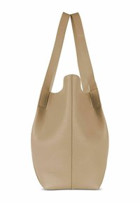 Beige leren tote bag met een gladde textuur, gebogen vorm en twee korte handgrepen. Heeft een centrale naad en een minimalistisch ontwerp.