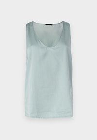 Lys blå, ermeløs tanktop med rund halslinje. Glatt tekstur, minimalistisk design og rett nederkant. Laget av lett stoff.