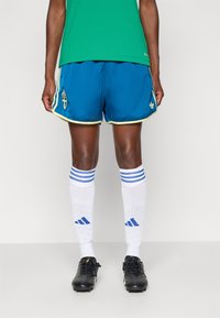 Personne portant un short de sport bleu avec le logo de la Suède, un t-shirt vert, des chaussettes blanches montantes avec des rayures bleues et des crampons noirs sur fond blanc.