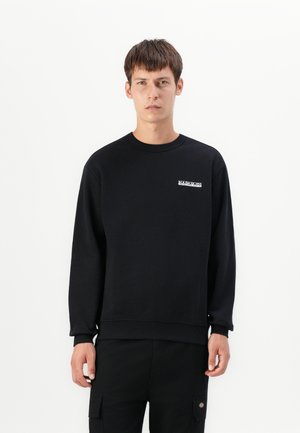 Black sweatshirt with long sleeves, crew neck, and ribbed cuffs. Features a small logo on the chest. Fabric appears smooth and textured.