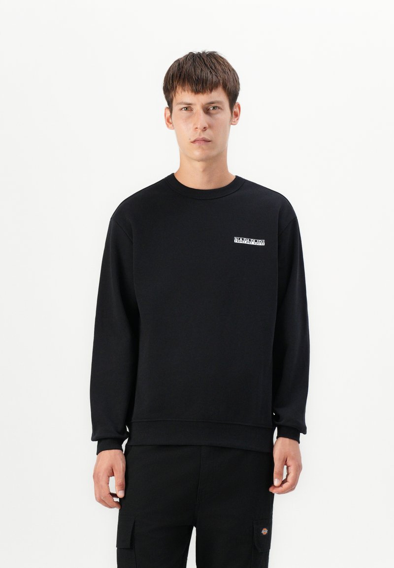 Black sweatshirt with long sleeves, crew neck, and ribbed cuffs. Features a small logo on the chest. Fabric appears smooth and textured.