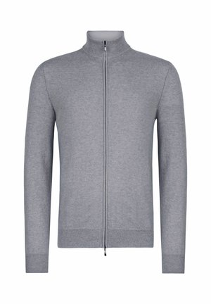 Maglione grigio con zip e colletto alto, caratterizzato da una texture liscia e polsini e orlo a coste. Realizzato in un tessuto morbido e leggero.