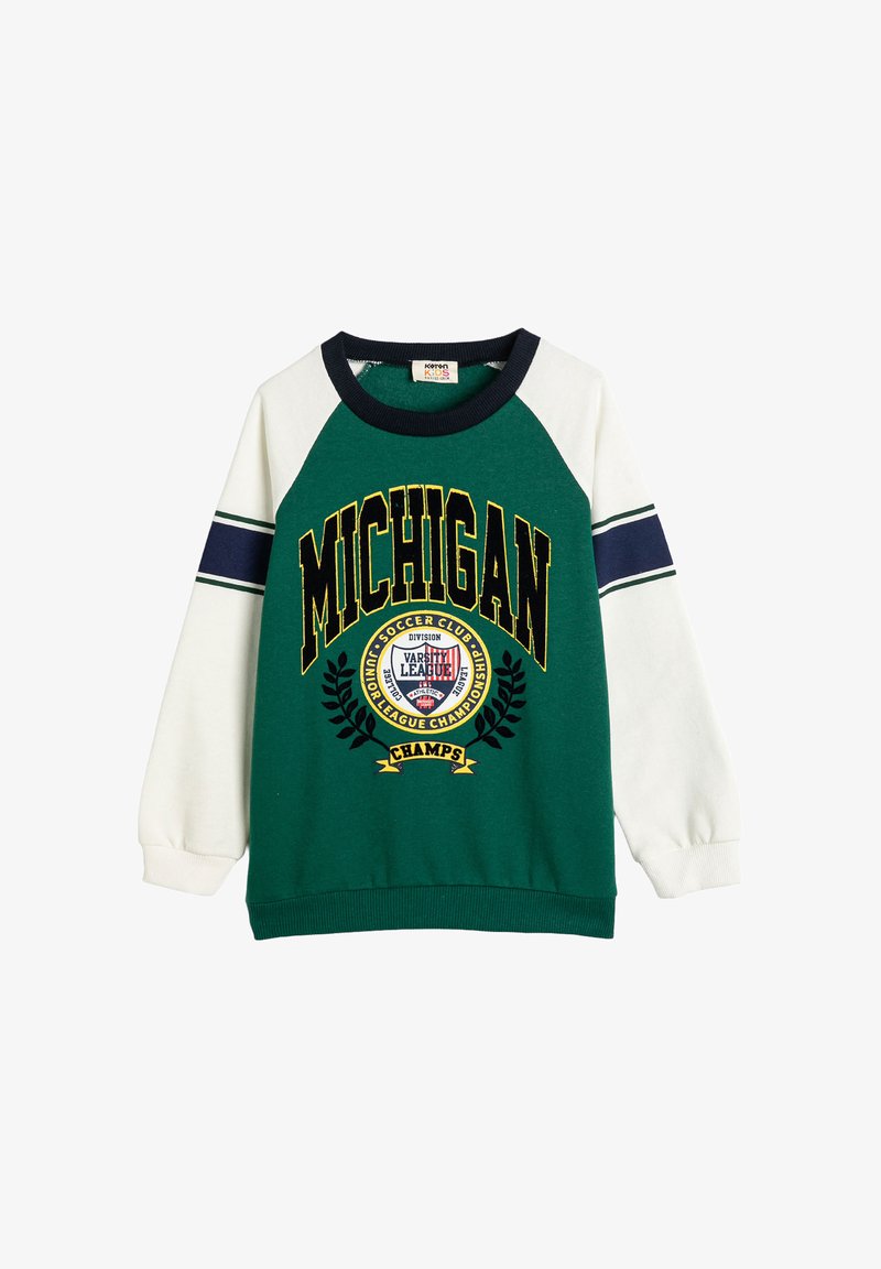 Sweatshirt pour enfants à manches longues vert et blanc avec "MICHIGAN" et le blason du club de soccer universitaire imprimé sur le devant.