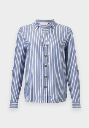 Blauw-wit gestreept shirt met lange mouwen, verticale strepen, V-hals, kraag en bruine knopen aan de voorkant en op de mouwplooiers.