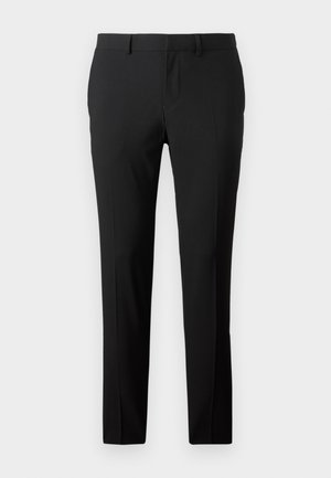 Maßgeschneiderte schwarze Hose aus glattem Stoff. Sie verfügt über ein gerades Bein, Vorderfalten und Gürtelschlaufen für eine anpassbare Größe.