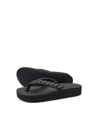 Black flip-flops with a braided strap design, rubber material, textured sole, and a flat profile. Simple and functional design.