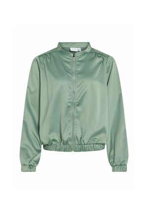 Lysegrønn sateng bomberjakke med elastiske mansjetter og kant, glidelås foran og kortstående krage.