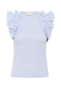 Haut léger bleu clair à manches courtes avec des accents de épaules froncés, fabriqué à partir d'un tissu en maille douce. Design classique du col rond avec une silhouette ajustée.