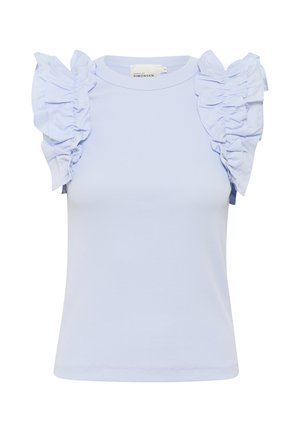 Gaišzils īsām piedurknēm tops ar volānu akcentiem plecos, izgatavots no mīkstas ribota auduma. Klasicisks apaļas kakla dizains ar pieguļošu siluetu.