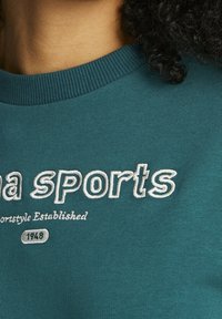 Sudadera verde azulado con cuello acanalado, que presenta un texto bordado en blanco que dice "sports" y "Sportstyle Established 1948" debajo. Textura de algodón suave.