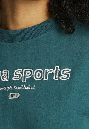 Teal sweatshirt med ribbad hals, med broderad vit text "sports" och "Sportstyle Established 1948" nedanför. Mjuk bomullstextur.